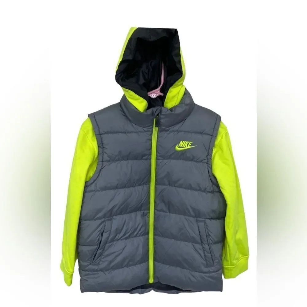 NIKE Just Do It 2Fer gray neon yellow vest over top style hooded puffer coat 6-7